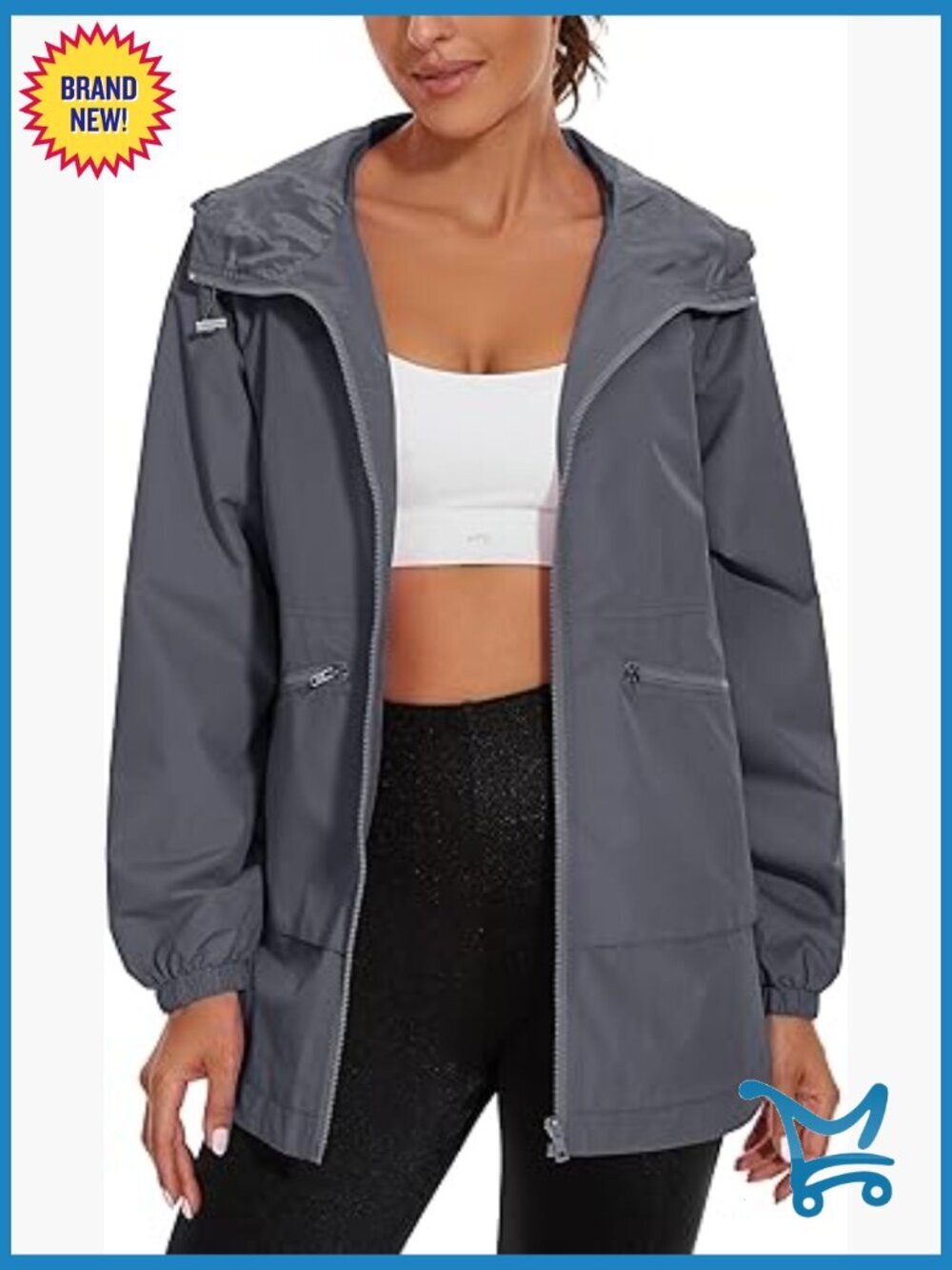 Waterproof Raincoat Lightweight Hooded Jacket Trench Windbreaker with Pockets